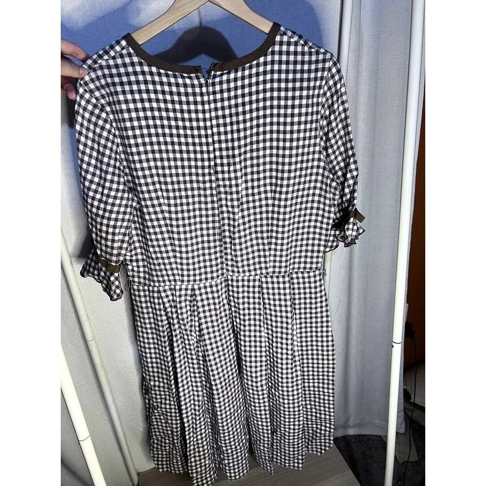 Vintage 60s 70s Brown Gingham Scoopneck Ruffle Button Midi‎ Dress